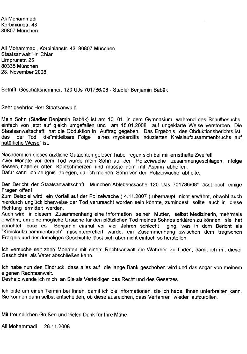 Brief an den Staatsanwalt